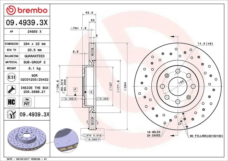 BREMBO 09.4939.3X Ön Fren Diski resmi
