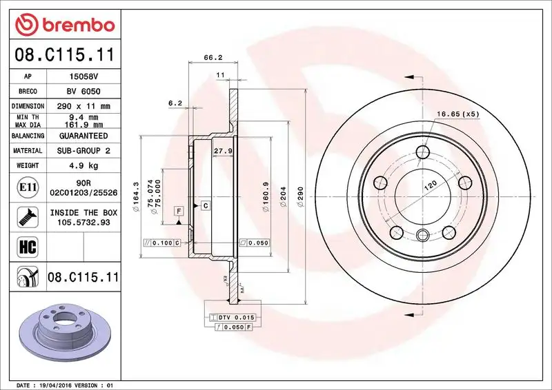 BREMBO 08.C115.11 Arka Fren Diski 34216792225 resmi