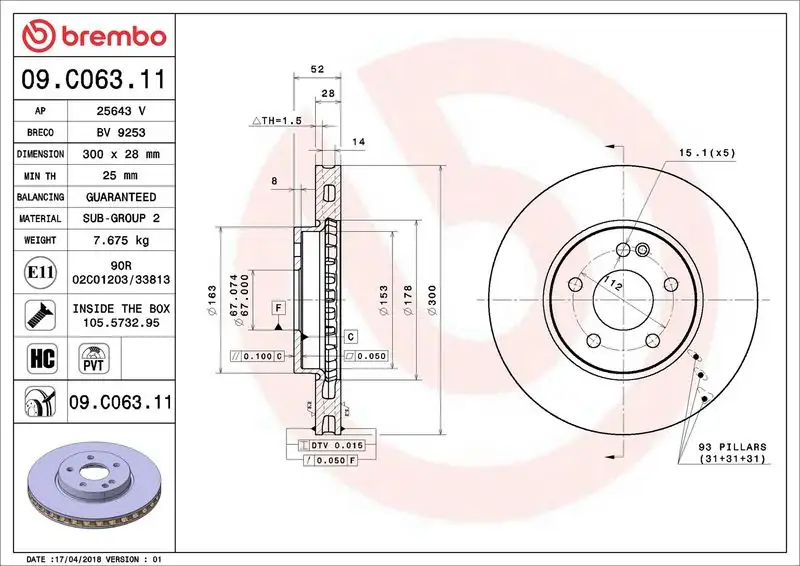 BREMBO 09.C063.11 Ön Fren Diski A4474210612 resmi