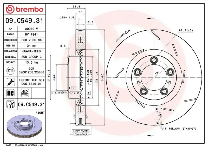 BREMBO 09.C549.31 Ön Fren Diski (Sağ) 97035140400 resmi