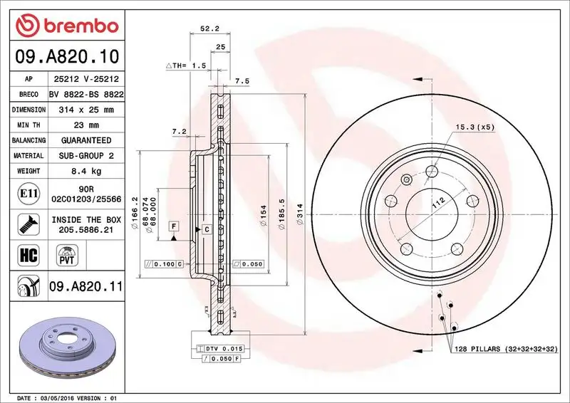 BREMBO 09.A820.10 Ön Fren Diski resmi