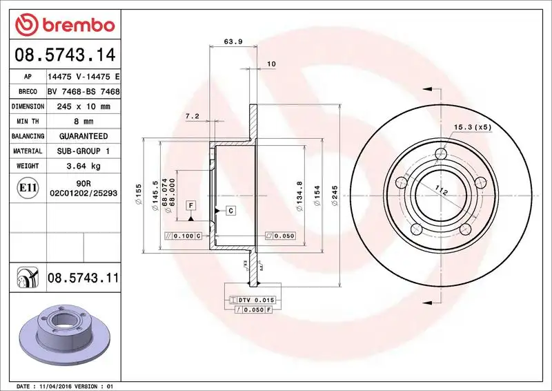 BREMBO 08.5743.11 Arka Fren Diski resmi