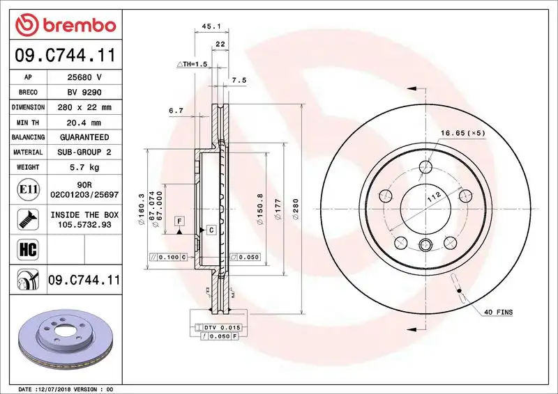 BREMBO 09.C744.11 Ön Fren Diski 34116866295 resmi