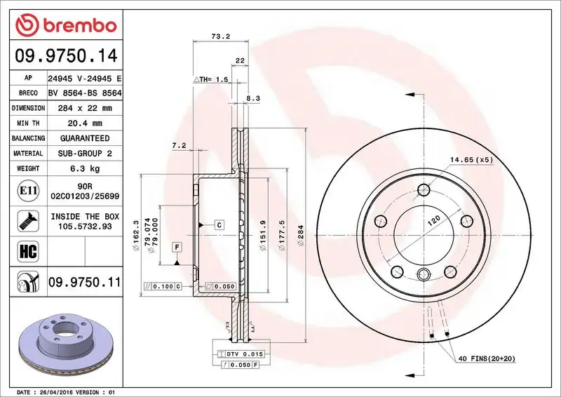 BREMBO 09.9750.11 Ön Fren Diski 34116854996 resmi
