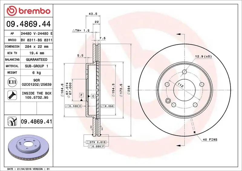BREMBO 09.4869.41 Ön Fren Diski A2024210912 resmi