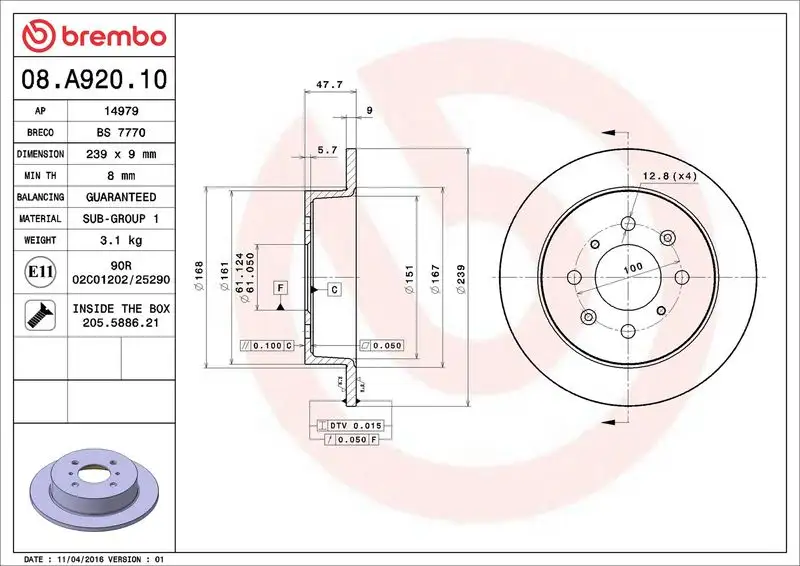 BREMBO 08.A920.10 Arka Fren Diski resmi