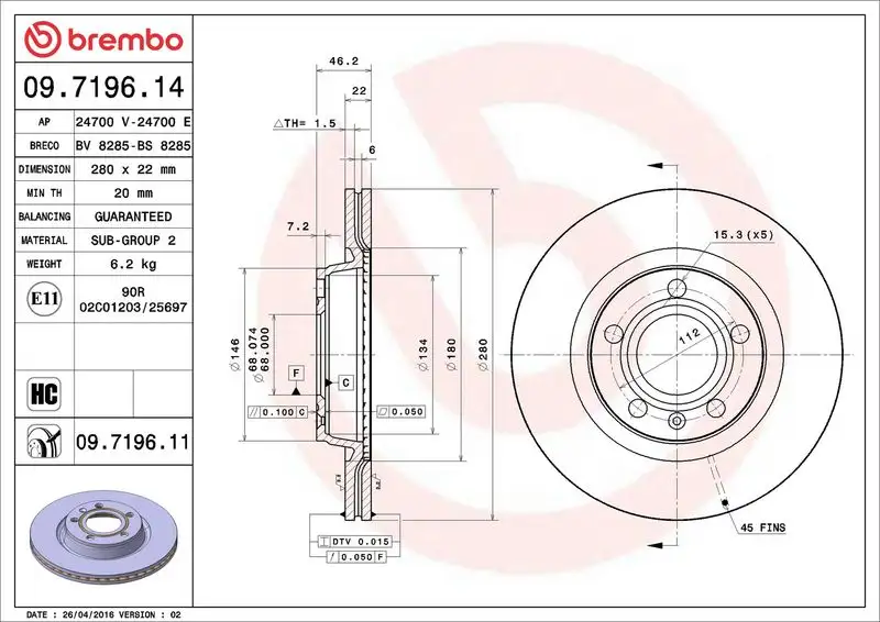 BREMBO 09.7196.14 Ön Fren Diski resmi