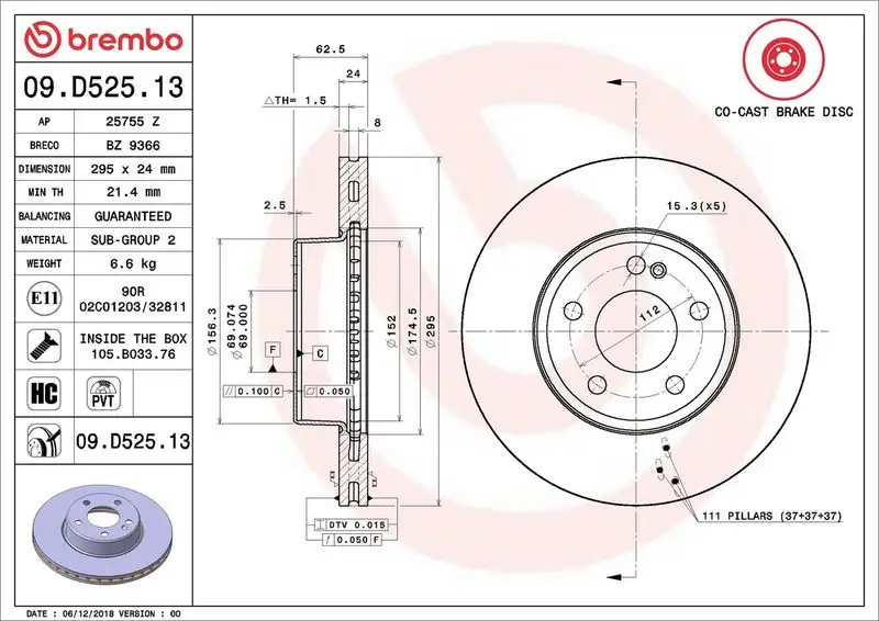 BREMBO 09.D525.13 Ön Fren Diski A0004212412 resmi