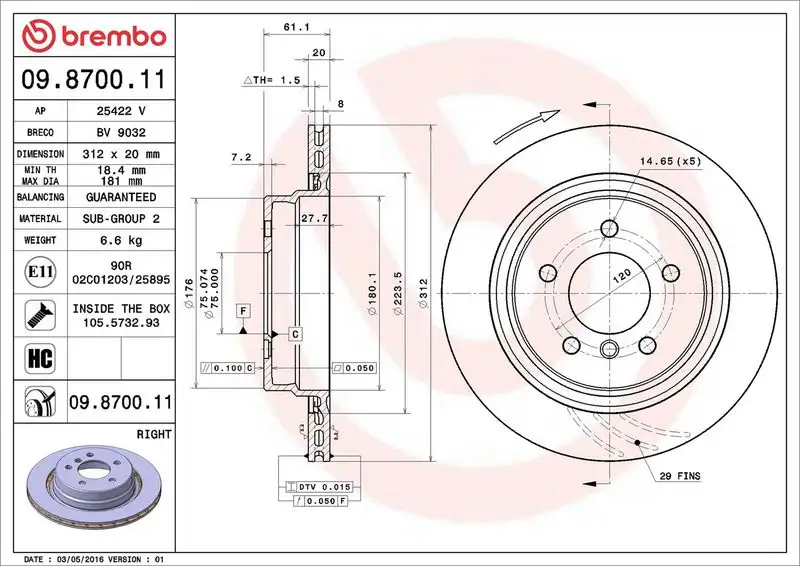 BREMBO 09.8700.11 Arka Fren Diski (Sağ) 34212227178 resmi