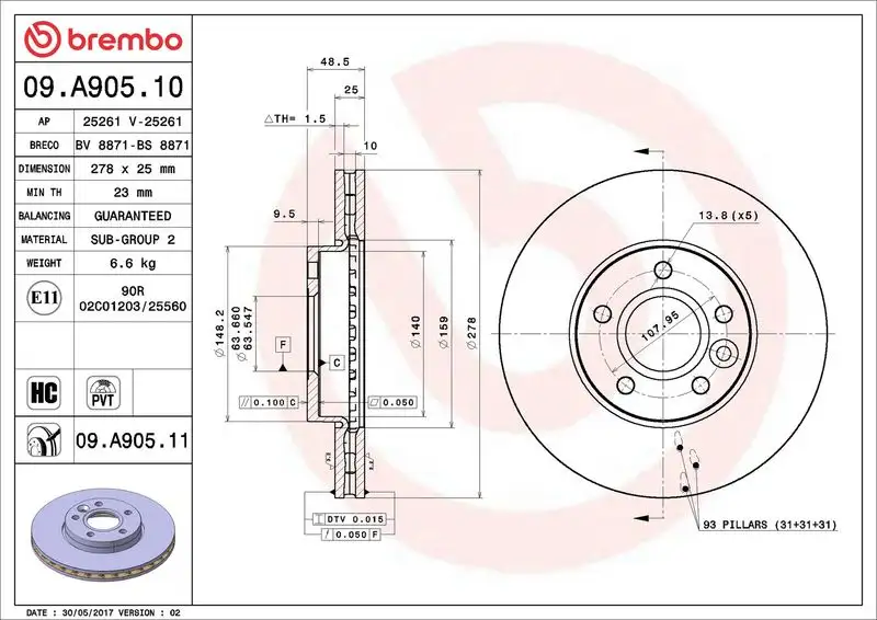 BREMBO 09.A905.10 Ön Fren Diski resmi