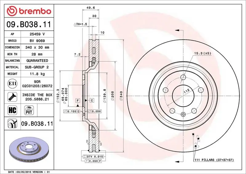 BREMBO 09.B038.11 Ön Fren Diski 8J0615301B resmi