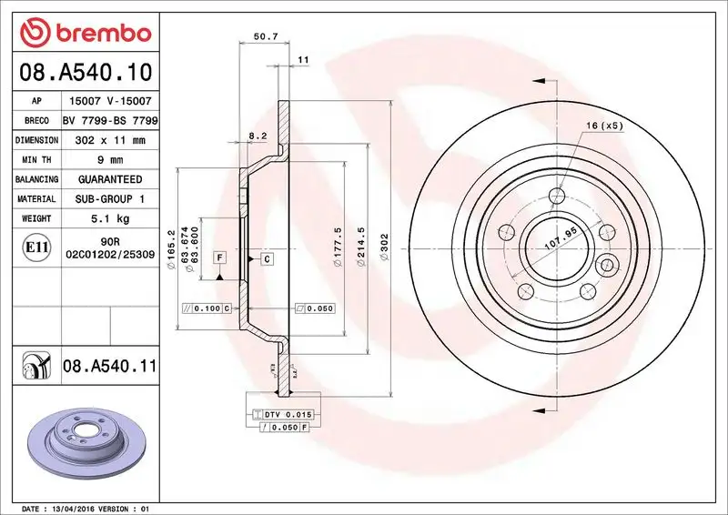 BREMBO 08.A540.11 Arka Fren Diski resmi