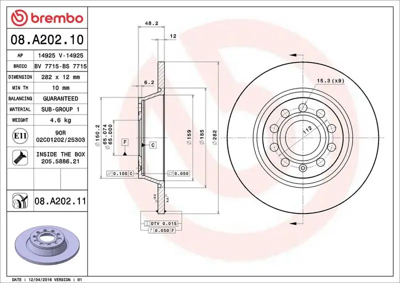 BREMBO 08.A202.11 Arka Fren Diski resmi