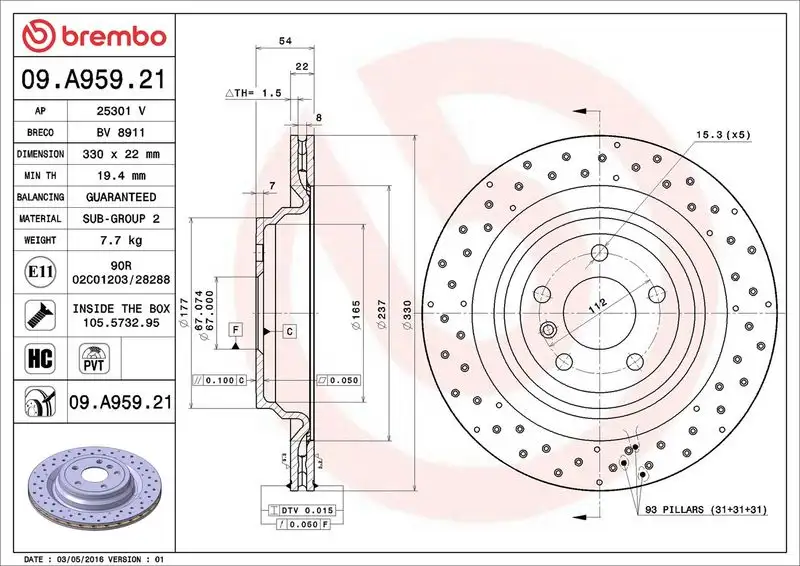 BREMBO 09.A959.21 Arka Fren Diski A1664230412 resmi