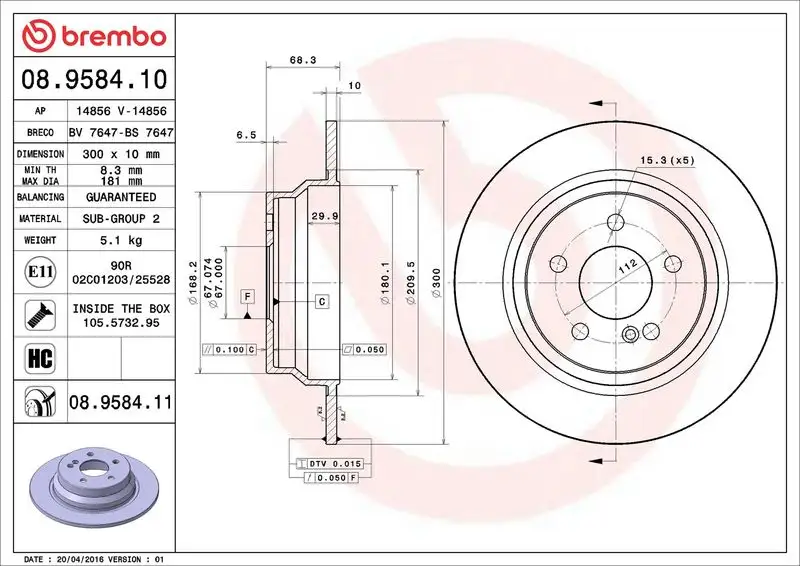 BREMBO 08.9584.11 Arka Fren Diski A2114230712 resmi