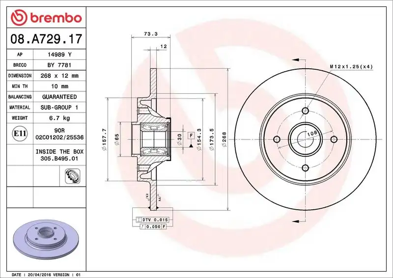 BREMBO 08.A729.17 Arka Fren Diski resmi