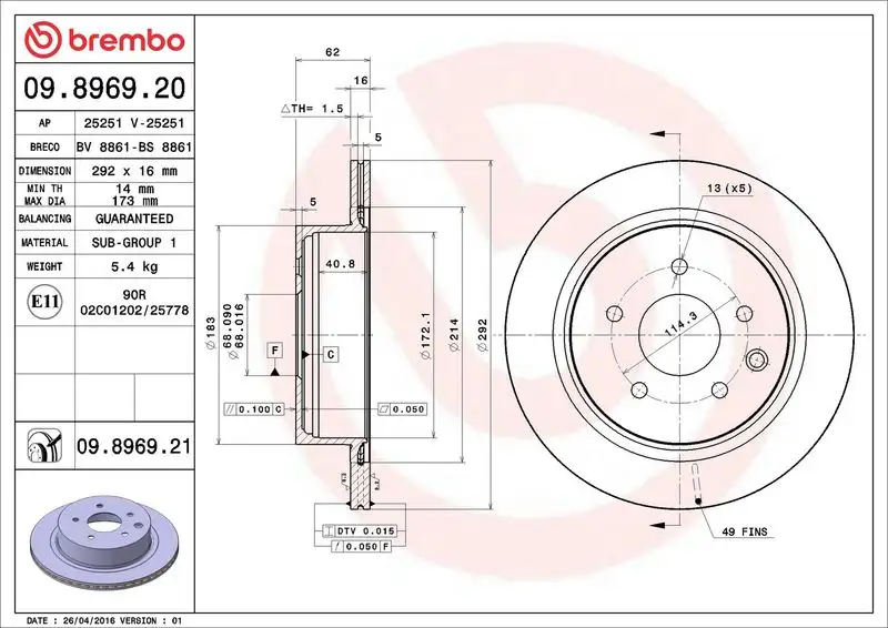 BREMBO 09.8969.21 Arka Fren Diski resmi