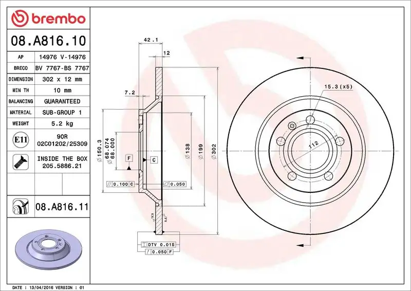 BREMBO 08.A816.11 Arka Fren Diski 4F0615601G resmi