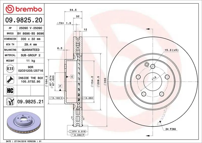 BREMBO 09.9825.21 Ön Fren Diski resmi