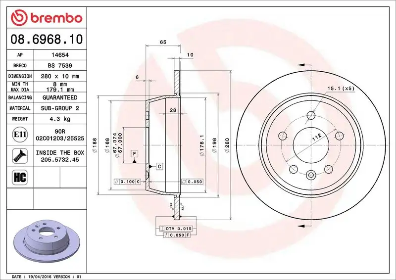 BREMBO 08.6968.10 Arka Fren Diski A6384230112 resmi