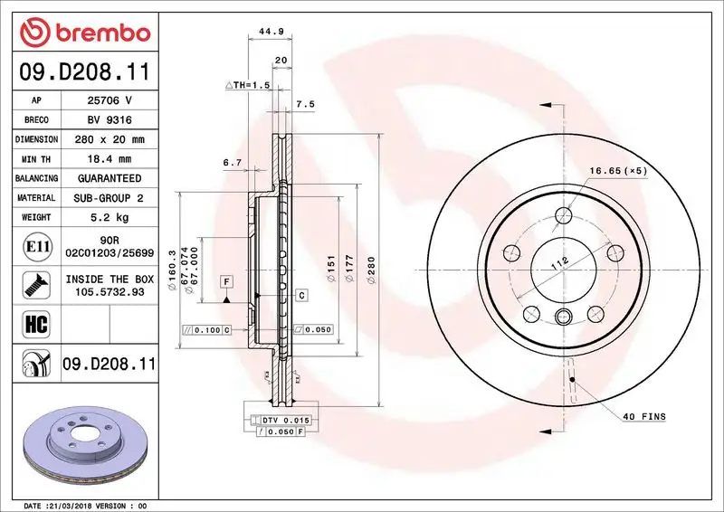 BREMBO 09.D208.11 Ön Fren Diski 34116866293 resmi