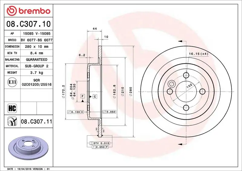 BREMBO 08.C307.11 Arka Fren Diski 34216784389 resmi