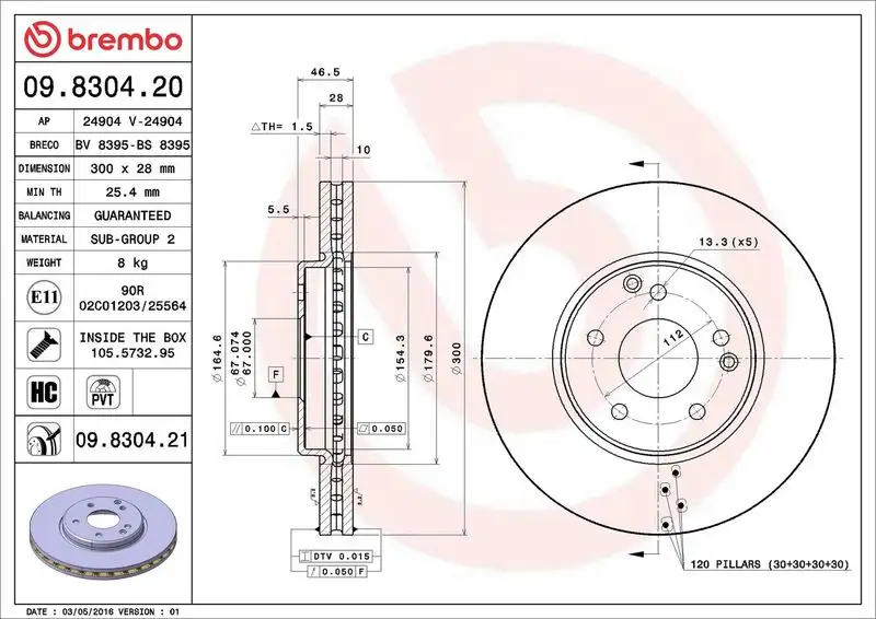 BREMBO 09.8304.21 Ön Fren Diski A2034210512 resmi