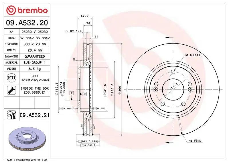 BREMBO 09.A532.20 Ön Fren Diski 517122L500 resmi