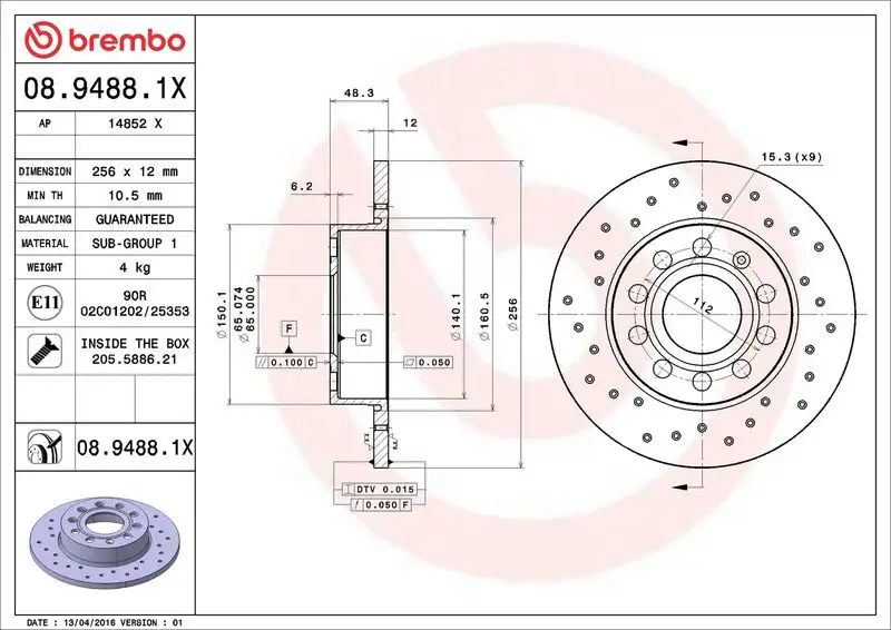 BREMBO 08.9488.1X Arka Fren Diski resmi