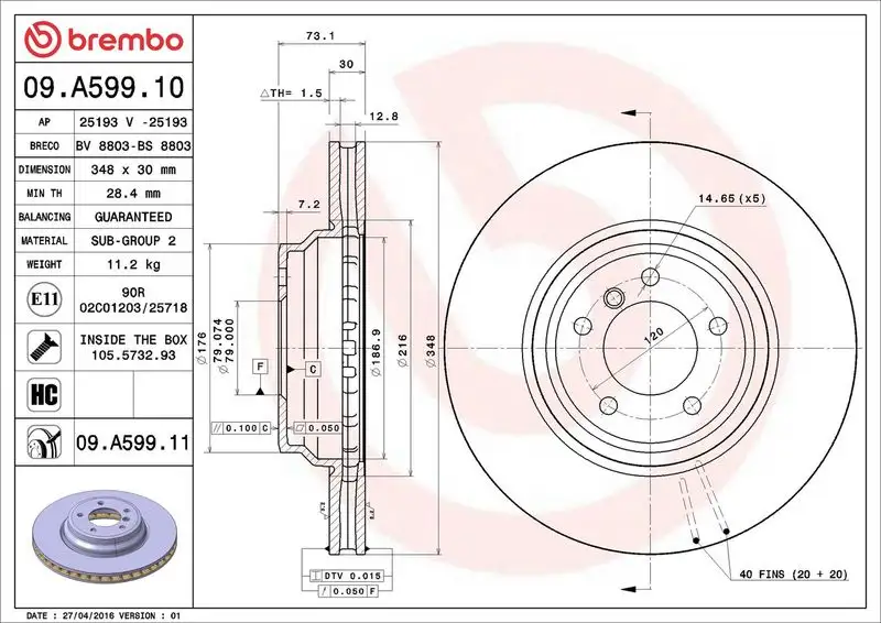 BREMBO 09.A599.11 Ön Fren Diski 34116855000 resmi