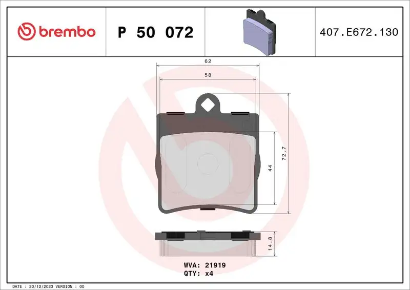 BREMBO P50072 Arka Fren Balatası A0034202720 resmi
