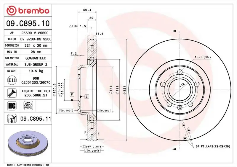 BREMBO 09.C895.11 Ön Fren Diski 4F0615301E resmi