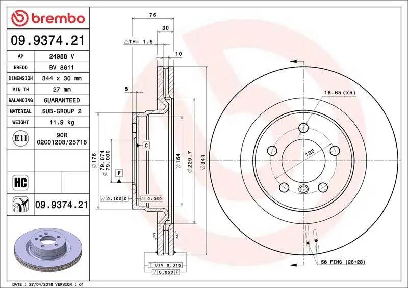 BREMBO 09.9374.21 Ön Fren Diski SDB500182 resmi
