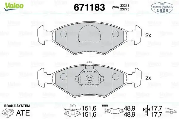 VALEO 671183 Ön Fren Balatası resmi
