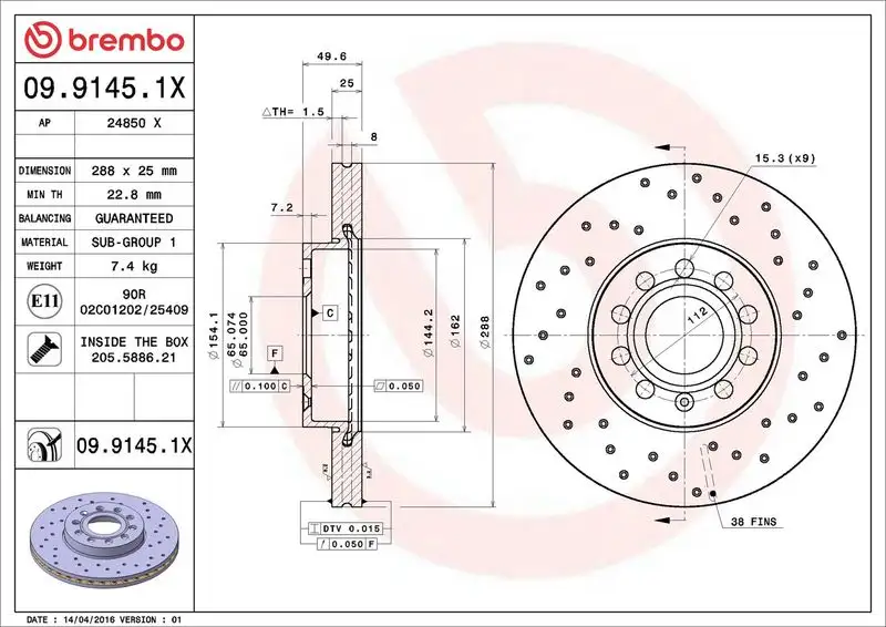 BREMBO 09.9145.1X Ön Fren Diski resmi