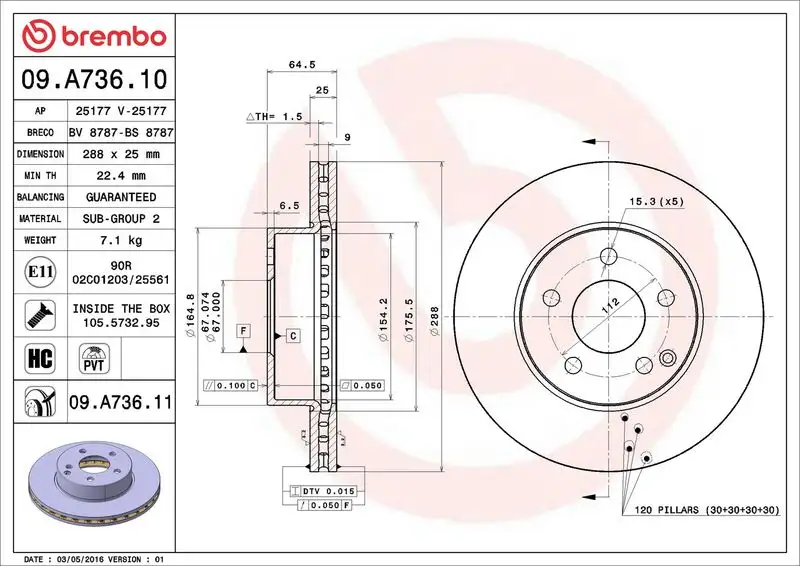 BREMBO 09.A736.10 Ön Fren Diski A2044210012 resmi