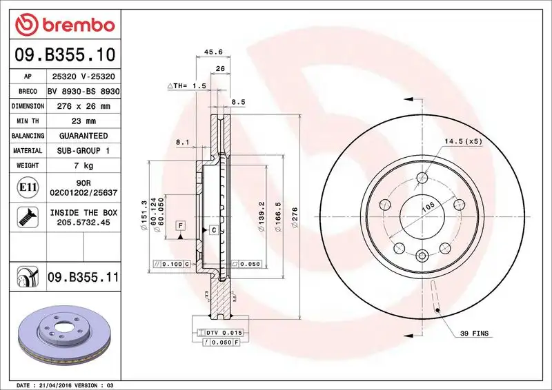 BREMBO 09.B355.10 Ön Fren Diski resmi