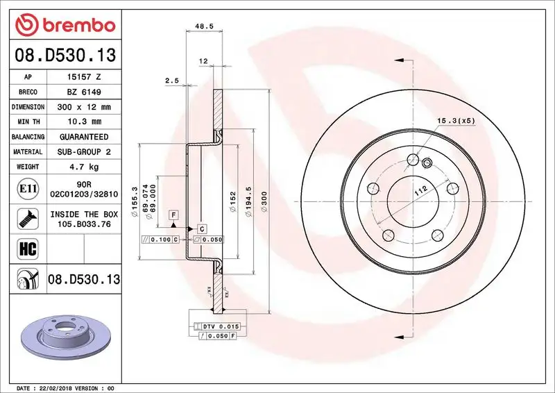 BREMBO 08.D530.13 Arka Fren Diski A0004230512 resmi