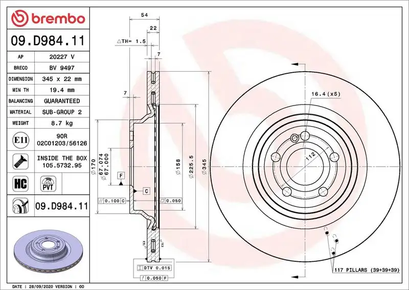 BREMBO 09.D984.11 Arka Fren Diski A1674238900 resmi