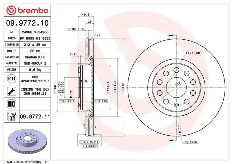 BREMBO 09.9772.11 Ön Fren Diski resmi