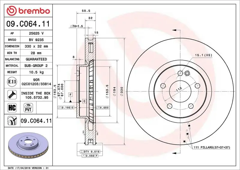 BREMBO 09.C064.11 Ön Fren Diski A4474210412 resmi
