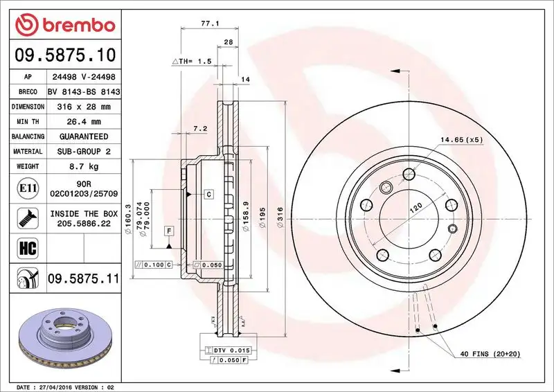 BREMBO 09.5875.11 Ön Fren Diski 34116757752 resmi