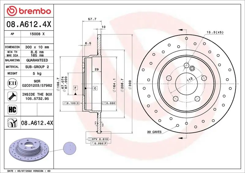 BREMBO 08.A612.4X Arka Fren Diski A2044230912 resmi