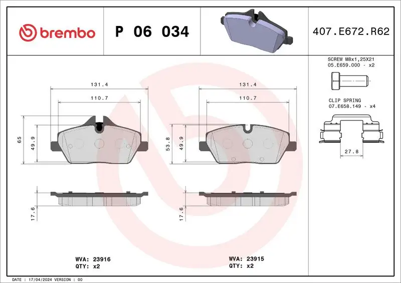 BREMBO P06034 Ön Fren Balatası resmi