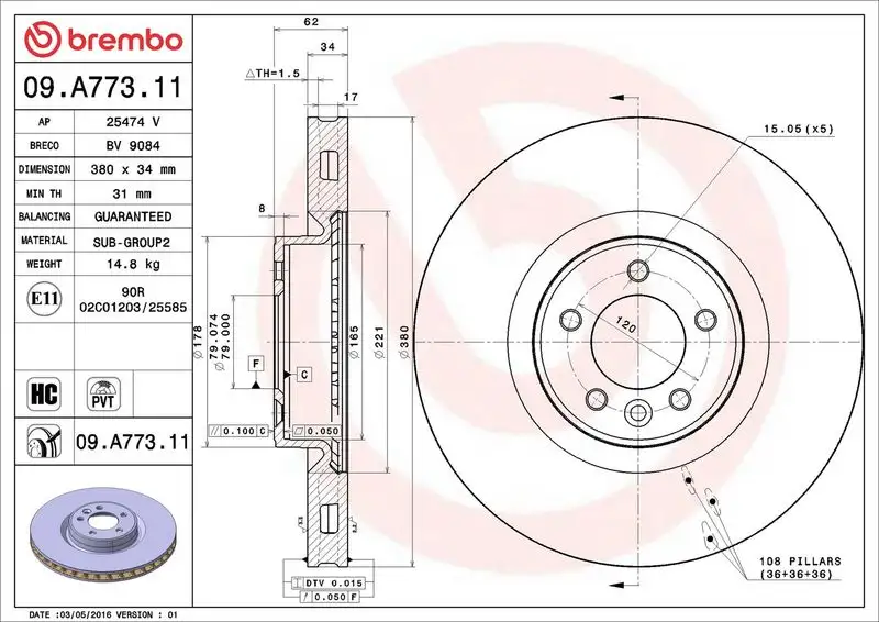 BREMBO 09.A773.11 Ön Fren Diski LR027106 resmi