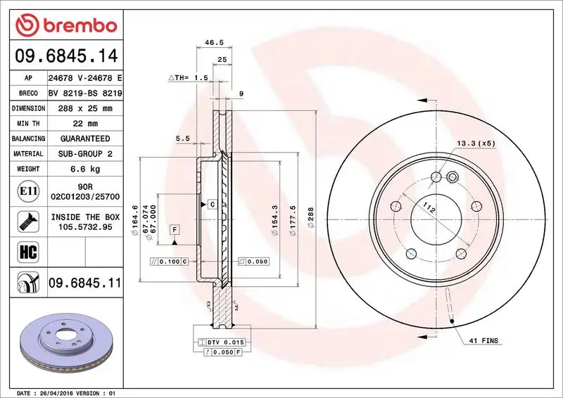 BREMBO 09.6845.11 Ön Fren Diski A2104212412 resmi