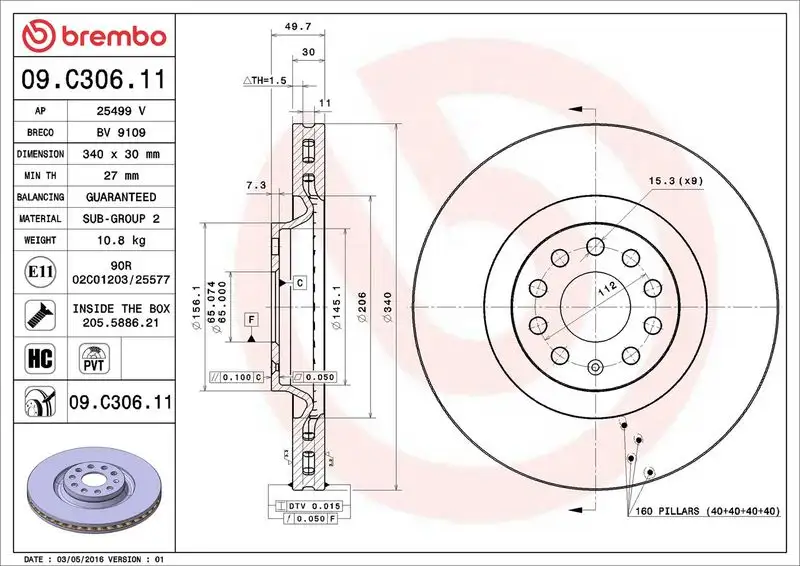 BREMBO 09.C306.11 Ön Fren Diski resmi