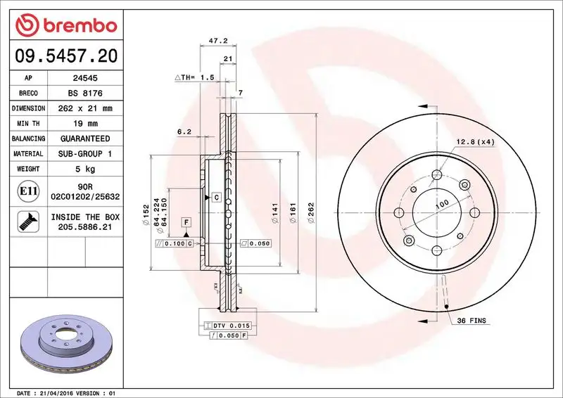 BREMBO 09.5457.20 Ön Fren Diski 45251SK3E00 resmi