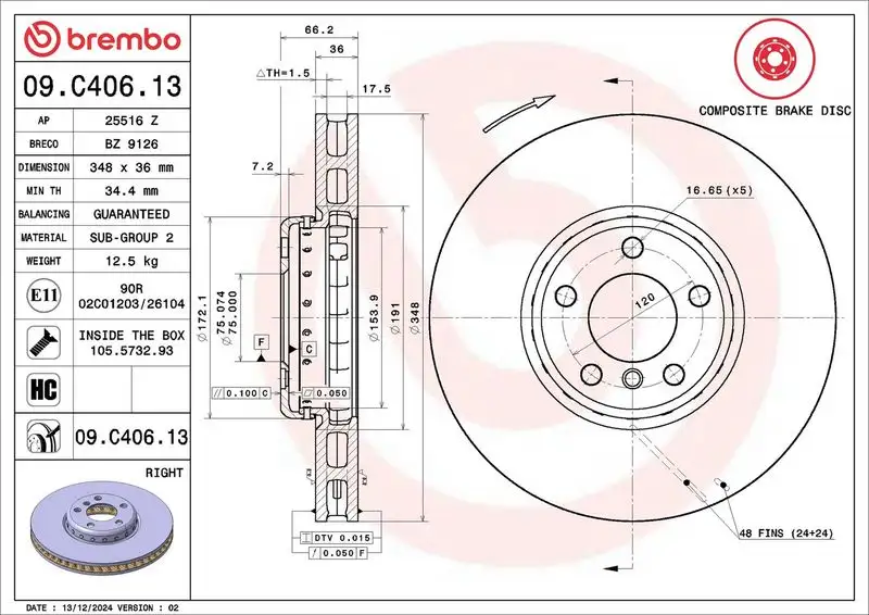 BREMBO 09.C406.13 Ön Fren Diski (Sağ) 34116898730 resmi