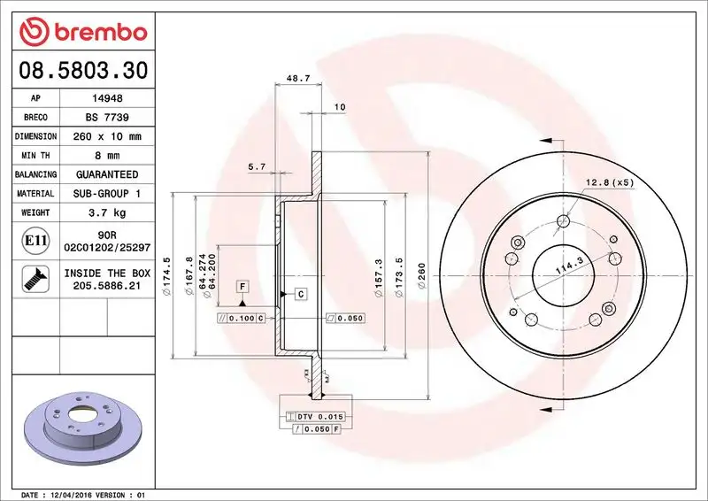 BREMBO 08.5803.30 Arka Fren Diski 42510S5TE00 resmi